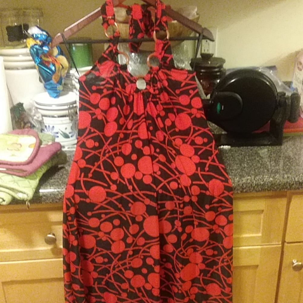 Red blk halter dress , rayon